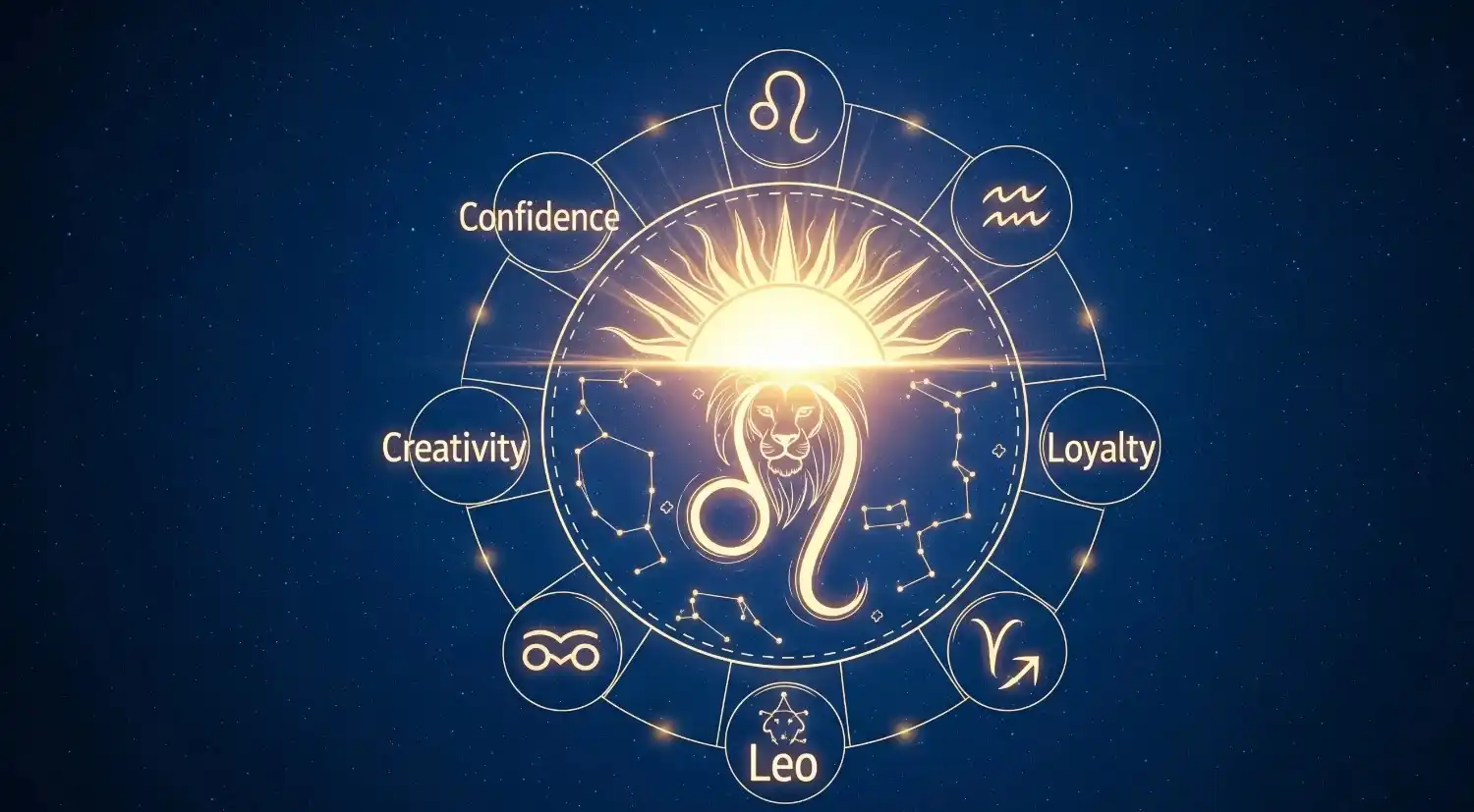 A stylized zodiac chart focused on the Leo symbol (lion), glowing under the sun, with keywords like “Confidence,” “Loyalty,” “Creativity” orbiting around it